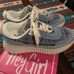 Textured Blue Platform Sneakers with White Soles